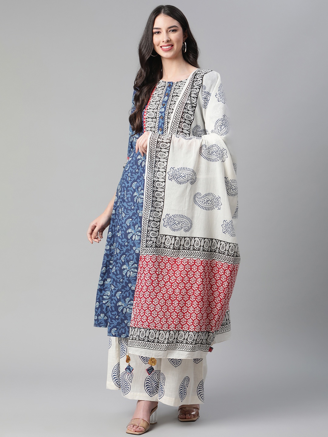 

Sakhi Jaipur Women Blue Floral Printed Gotta Patti Cotton Kurta with Palazzos & Dupatta