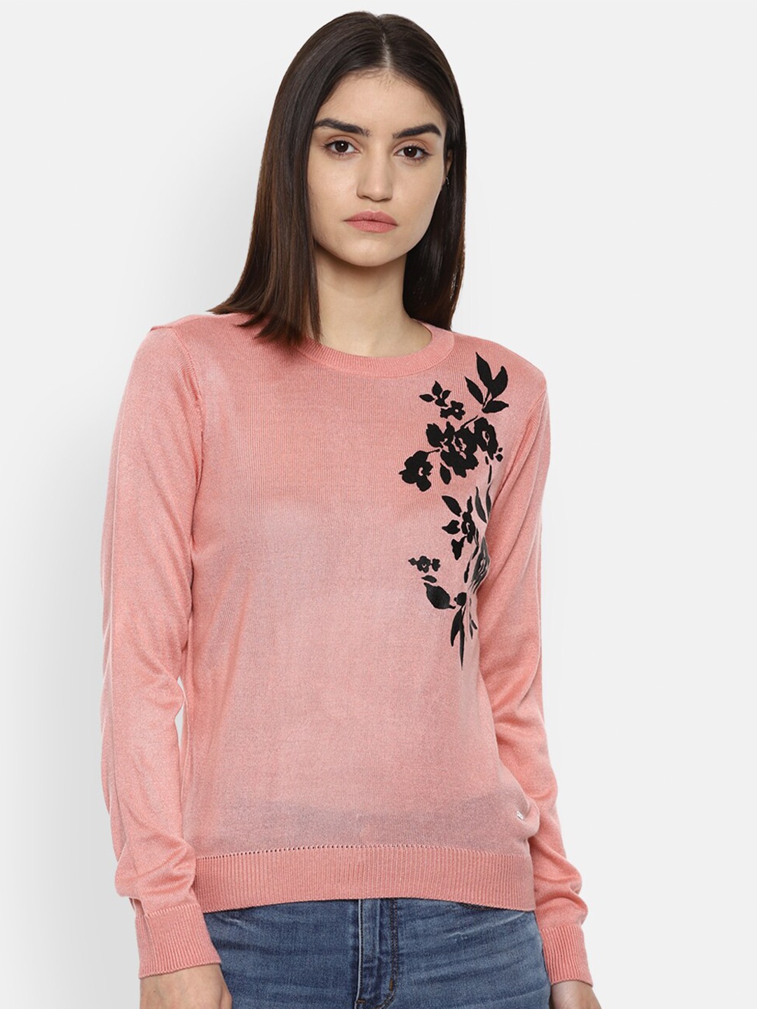 

Van Heusen Woman Women Peach-Coloured & Black Floral Printed Pullover