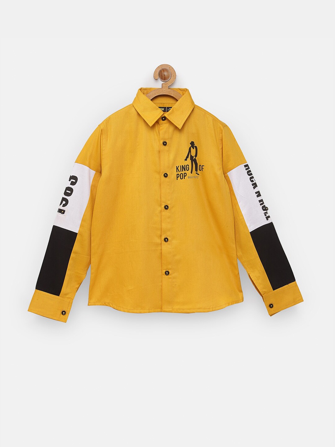 

NYNSH Boys Mustard Yellow & Black Printed Opaque Pure Cotton Casual Shirt