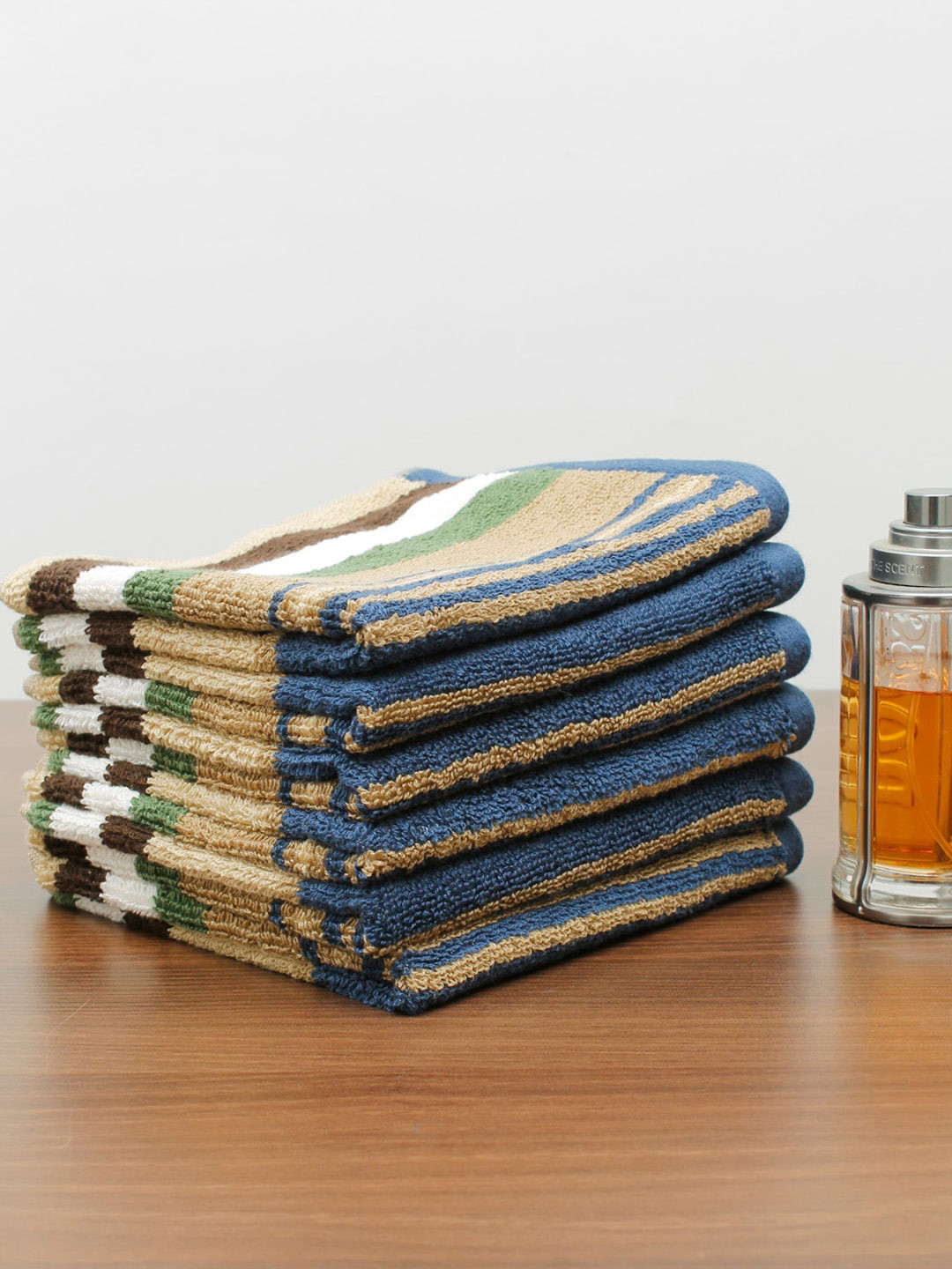 

AVI Living Set Of 6 Blue & Beige Striped Pure Cotton 550 GSM Face Towels