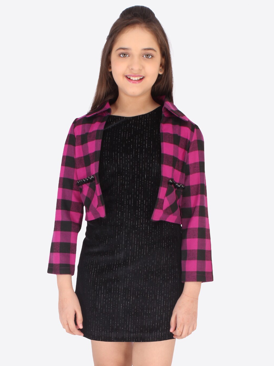 

CUTECUMBER Girls Black Striped Velvet A-Line Dress with Crop Jacket