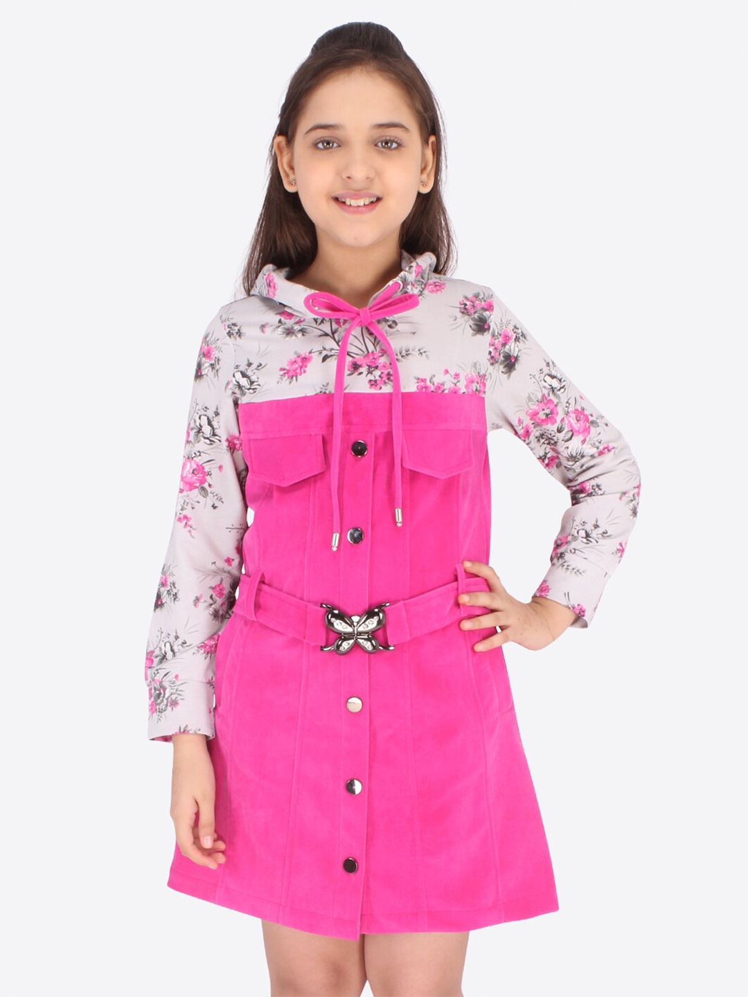 

CUTECUMBER Girls Fuchsia Pink & White Floral Printed Belted Velvet Shirt Dress