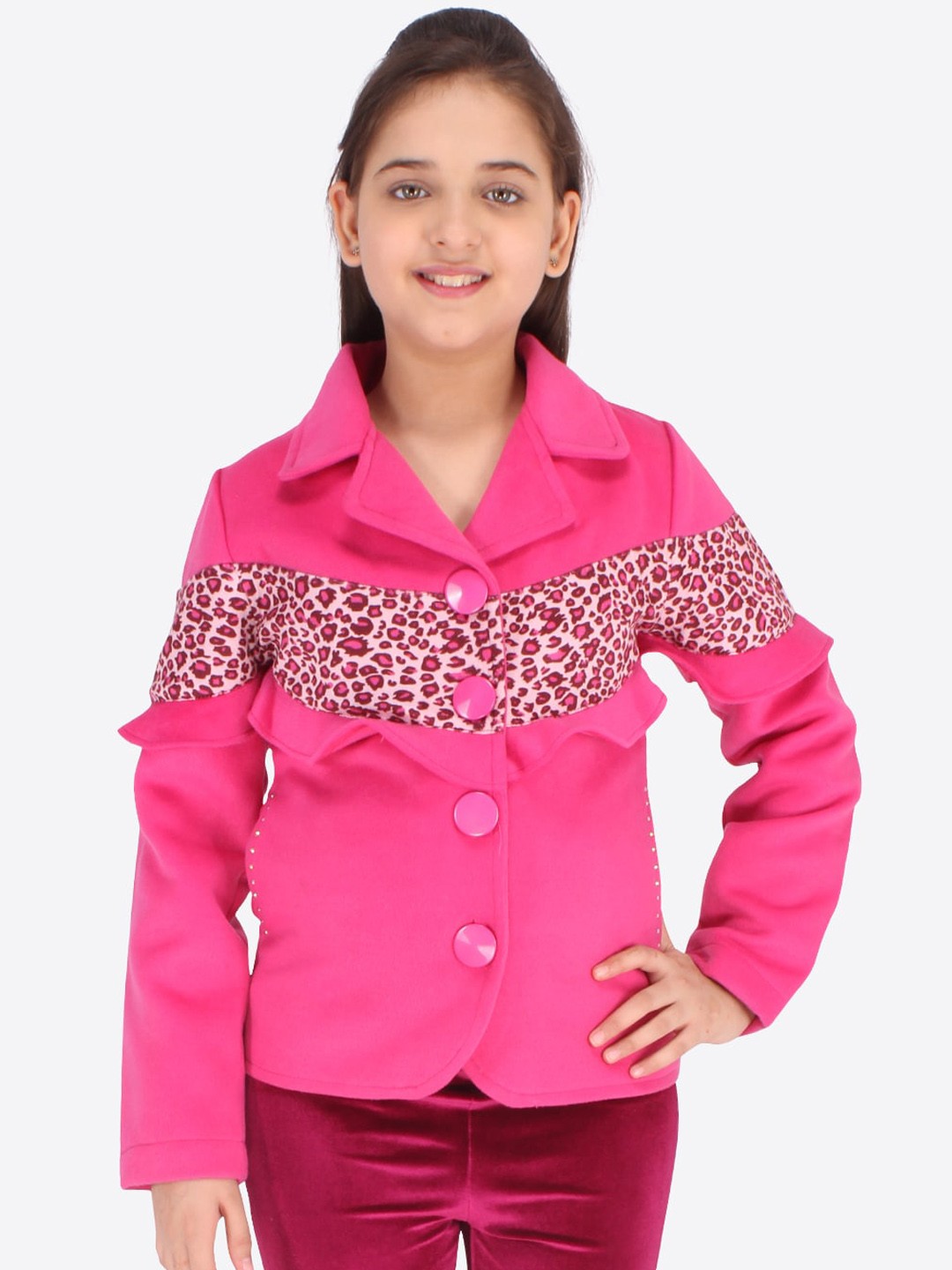 

CUTECUMBER Girls Fuchsia Floral Acrylic Crop Tailored Jacket with Embroidered