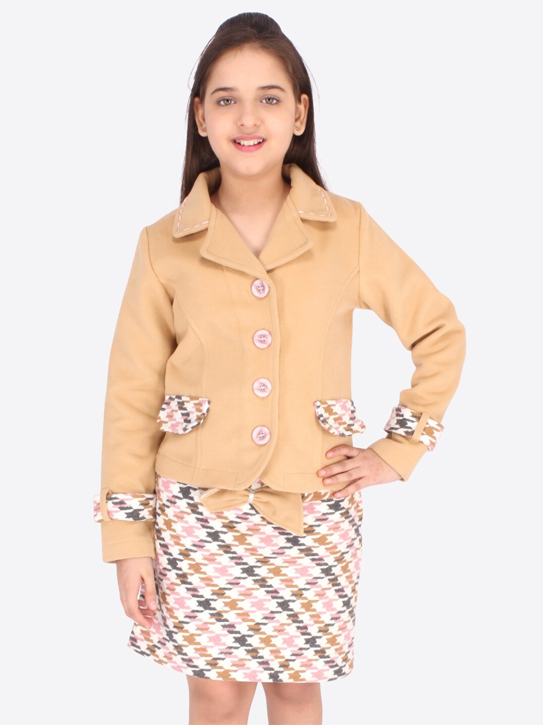 

CUTECUMBER Girls Beige & Pink Coat with Skirt