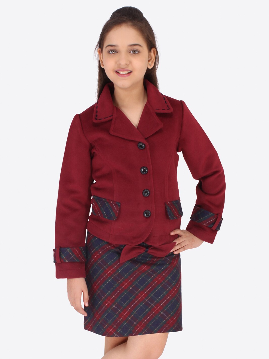 

CUTECUMBER Girls Maroon & Navy Blue Coat with Skirt
