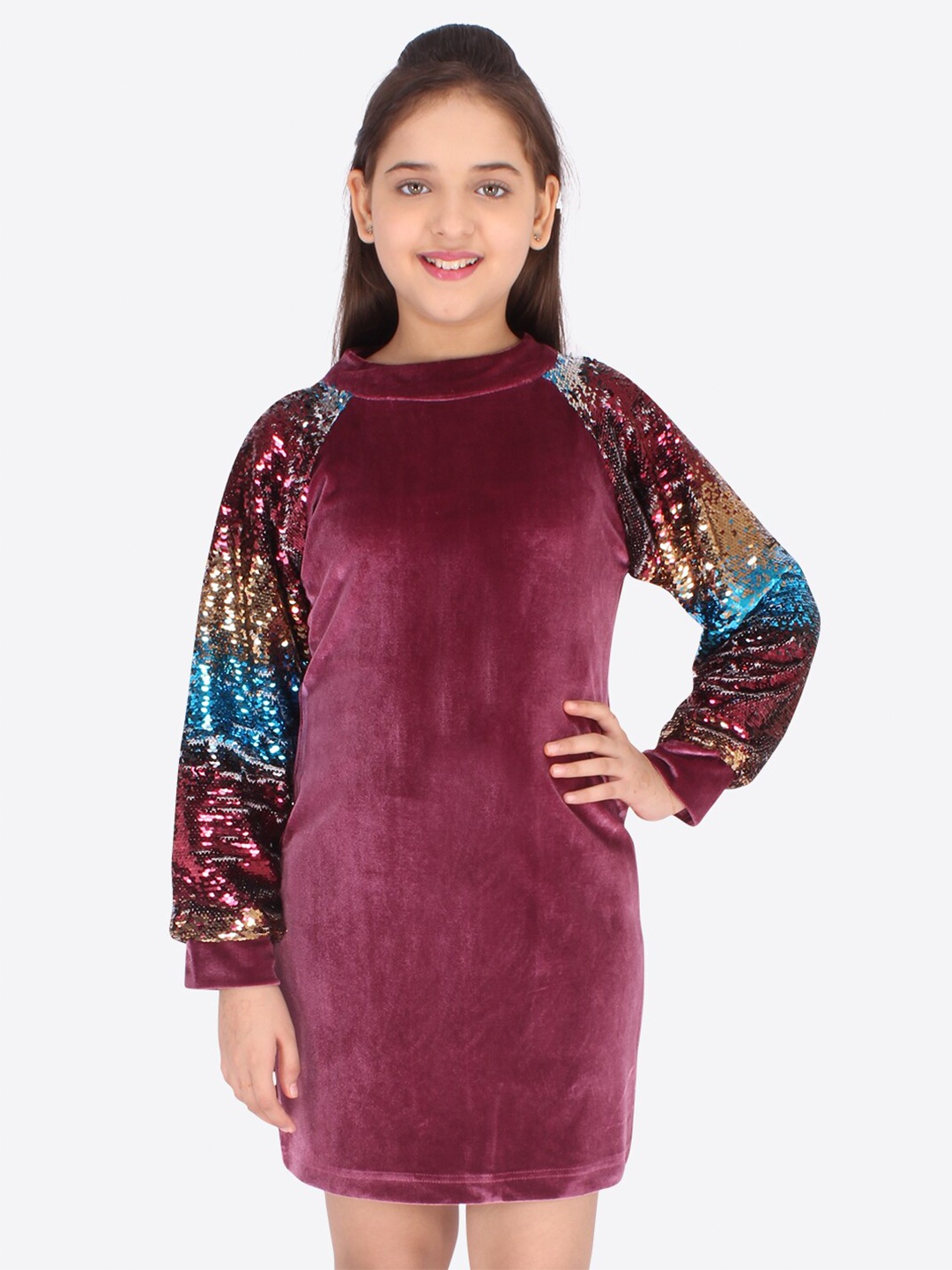 

CUTECUMBER Girls Maroon Velvet Sequined Sheath Dress
