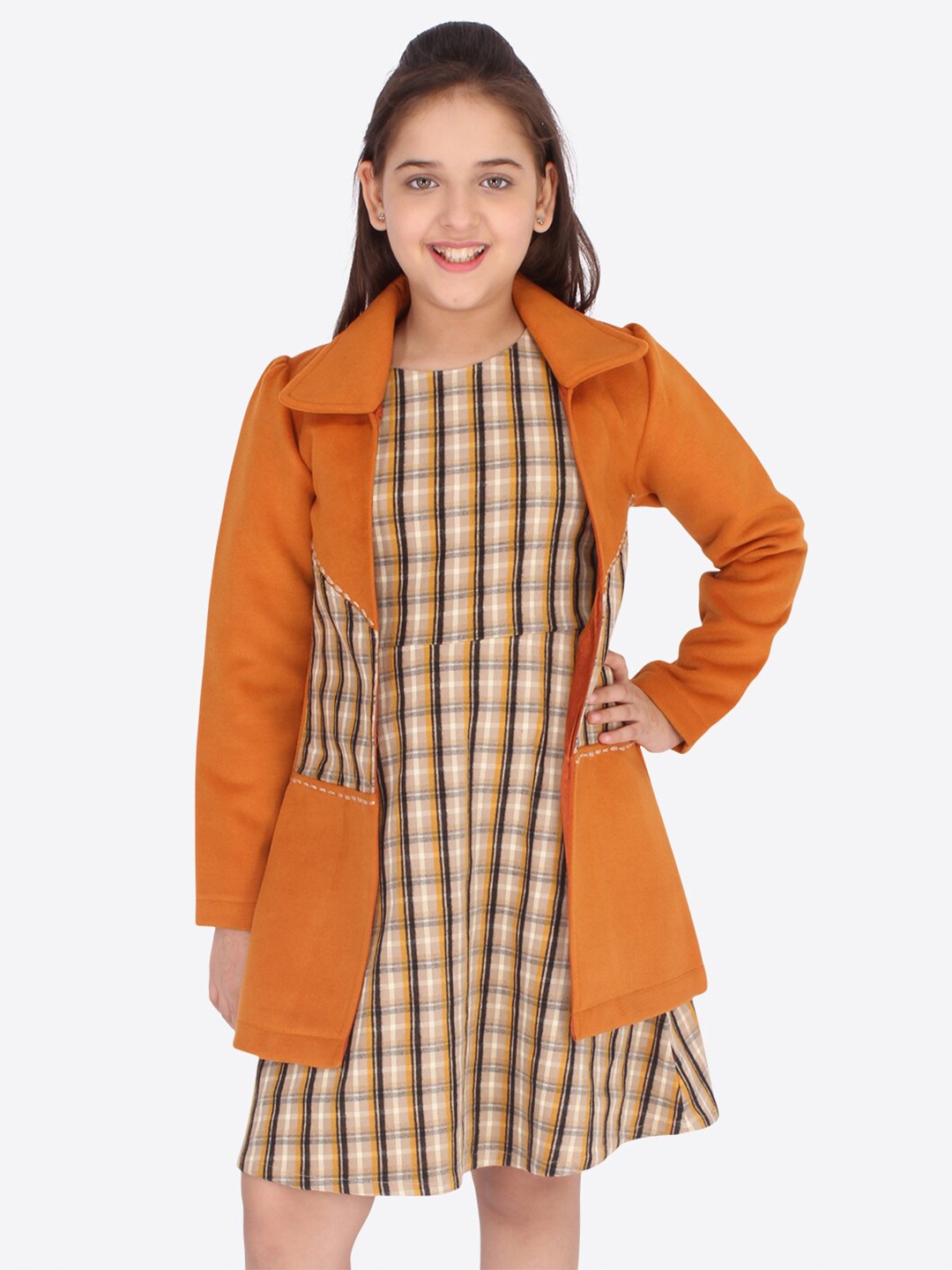 

CUTECUMBER Girls Mustard Yellow & Black Checked Dress With Longline Jacket