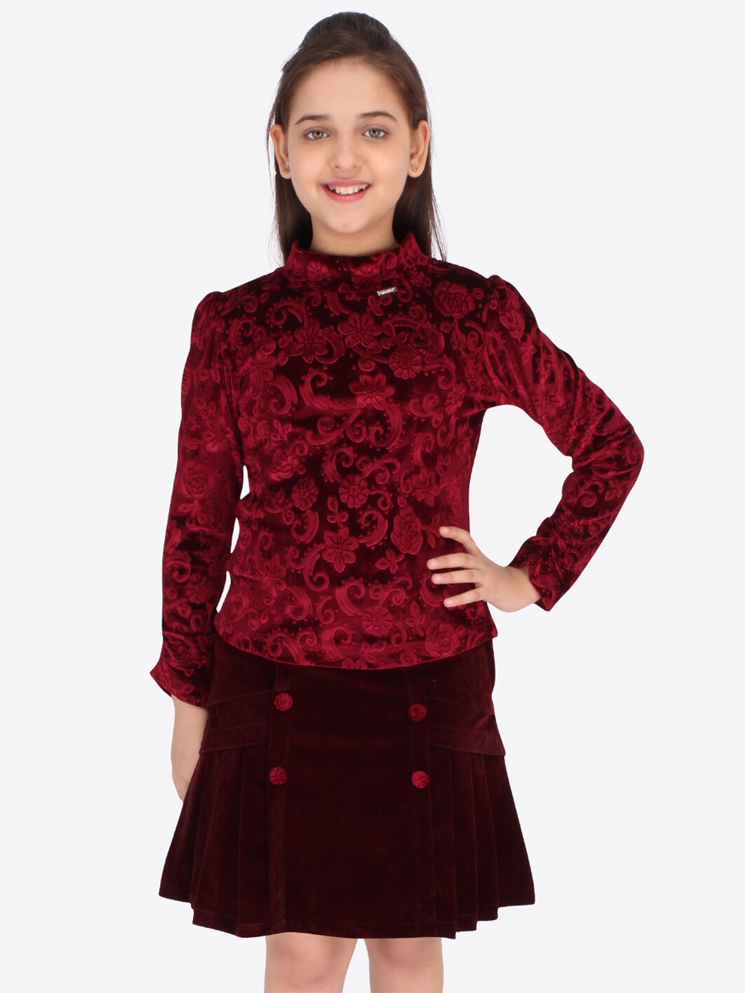 

CUTECUMBER Girls Maroon & Black Top with Skirt
