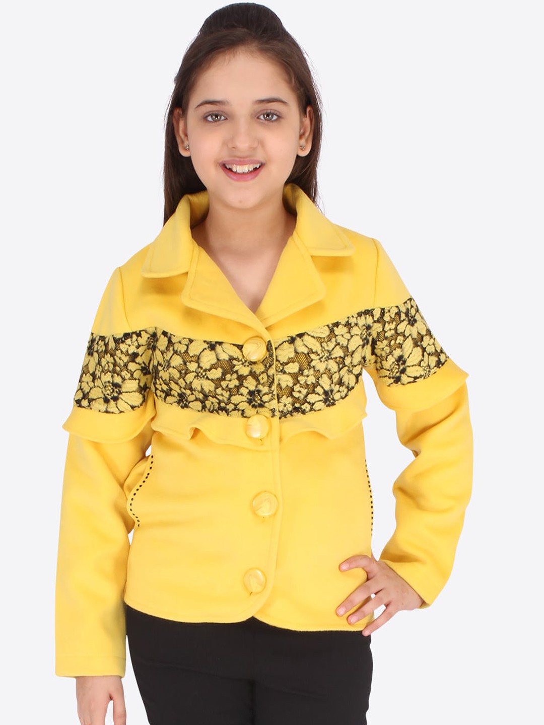 

CUTECUMBER Girls Yellow & Black Floral Acrylic Tailored Jacket