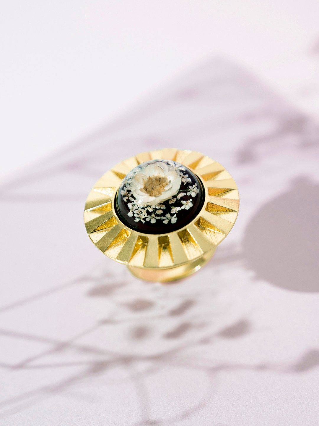 

March by FableStreet Gold-Plated Black & White Dry Flower Handcrafted Adjustable Finger Ring
