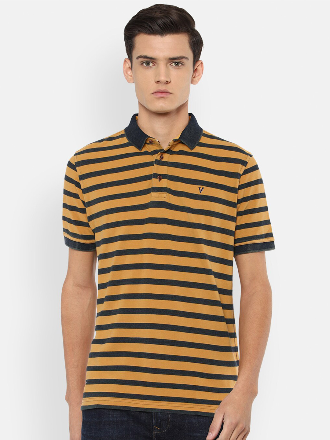

VAN HEUSEN DENIM LABS Men Yellow & Black Striped Polo Collar T-shirt