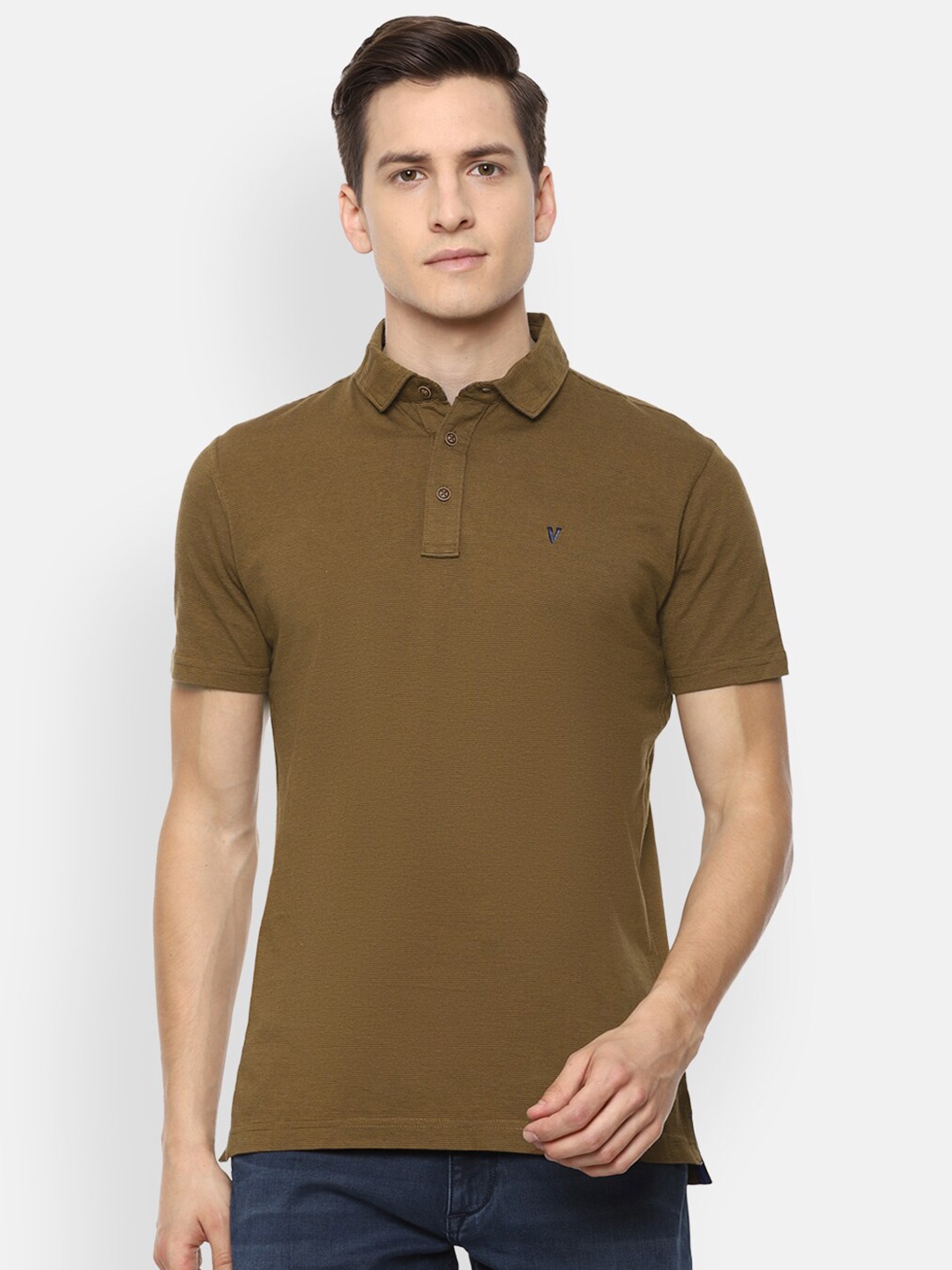 

VAN HEUSEN DENIM LABS Men Brown Solid Polo Collar T-shirt