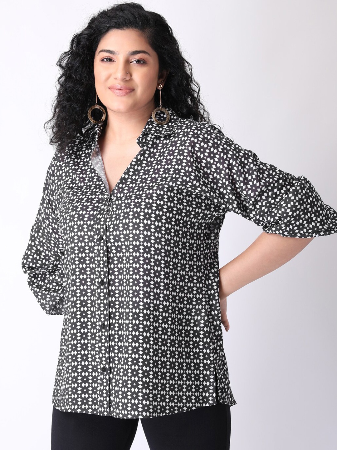 

FabAlley Curve Black Geometric Crepe Shirt Style Top