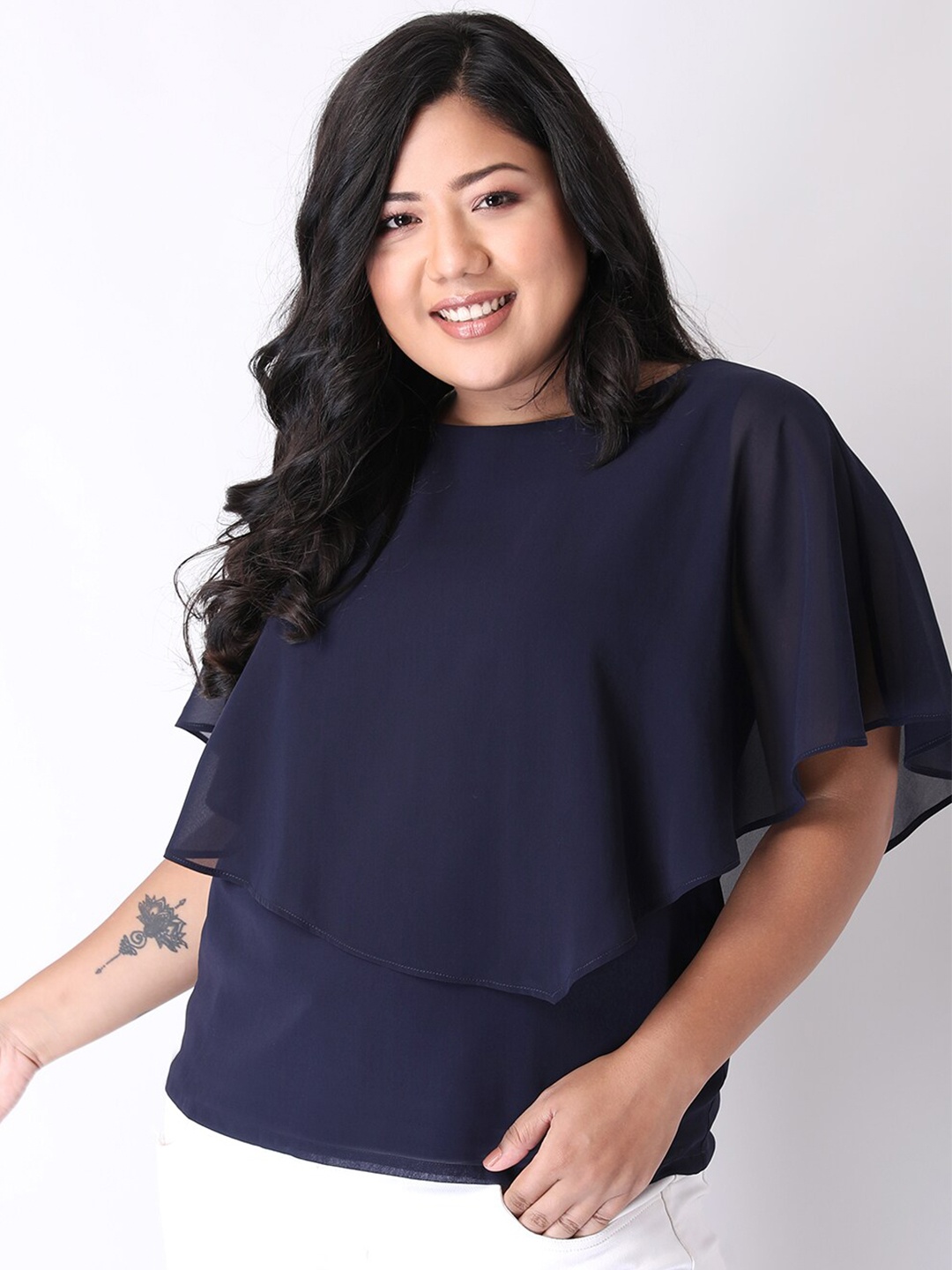 

FabAlley Curve Blue Layered Georgette Cape Top