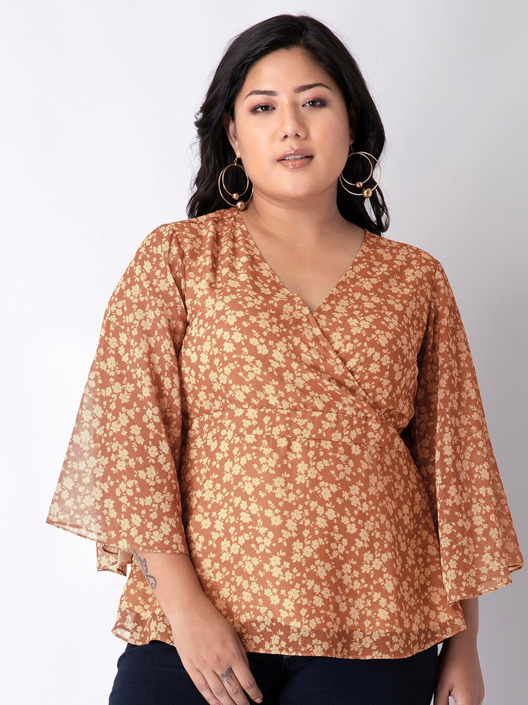 

FabAlley Curve Brown & Yellow Floral Georgette Wrap Top