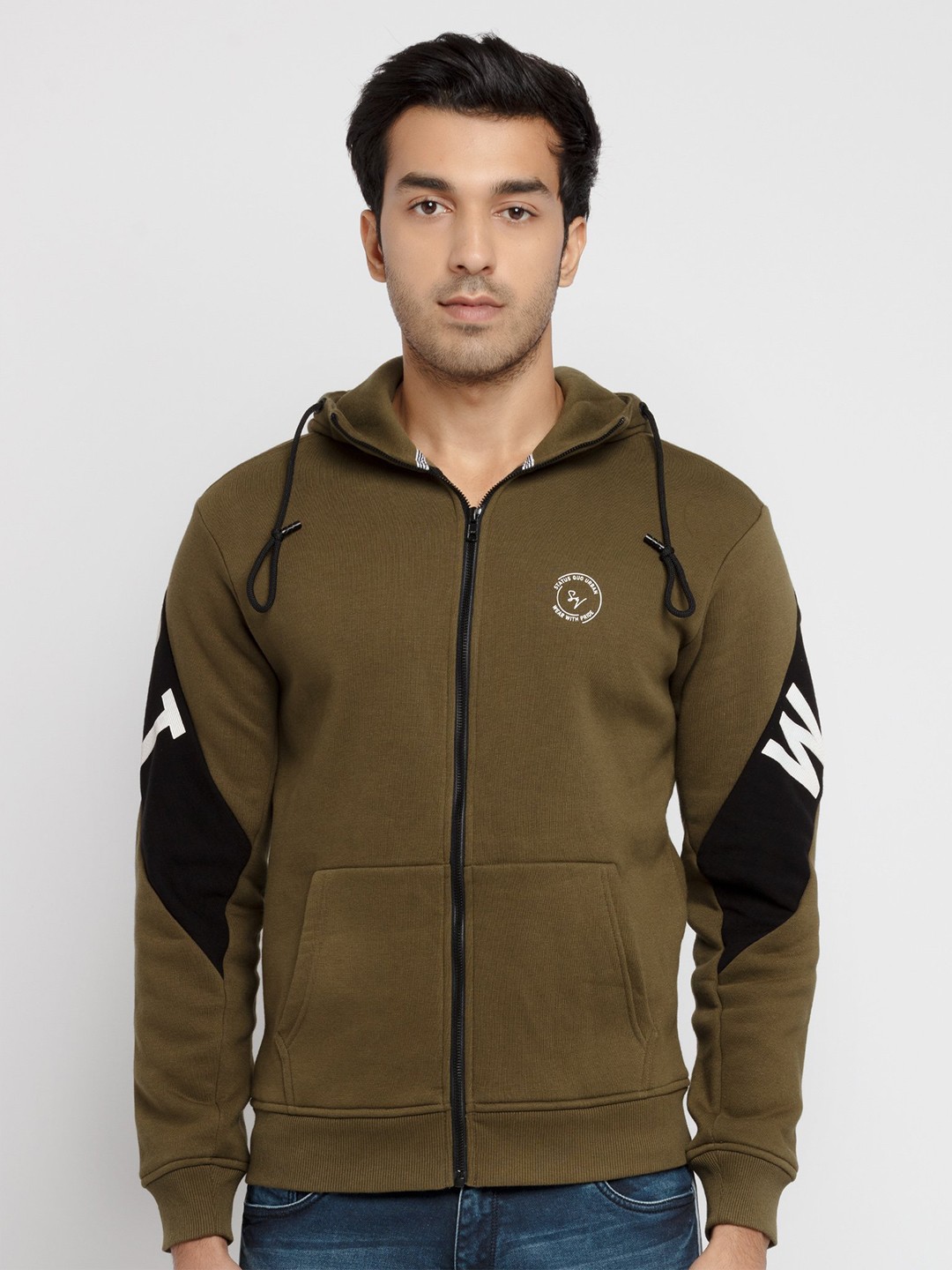 

Status Quo Men Olive Green & White Printed Hooded Sweatshirt