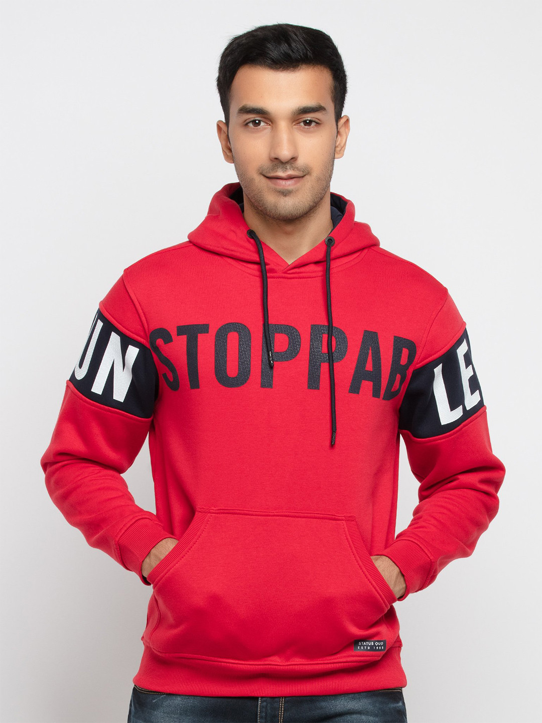

Status Quo Men Red Printed Hooded Sweatshirt