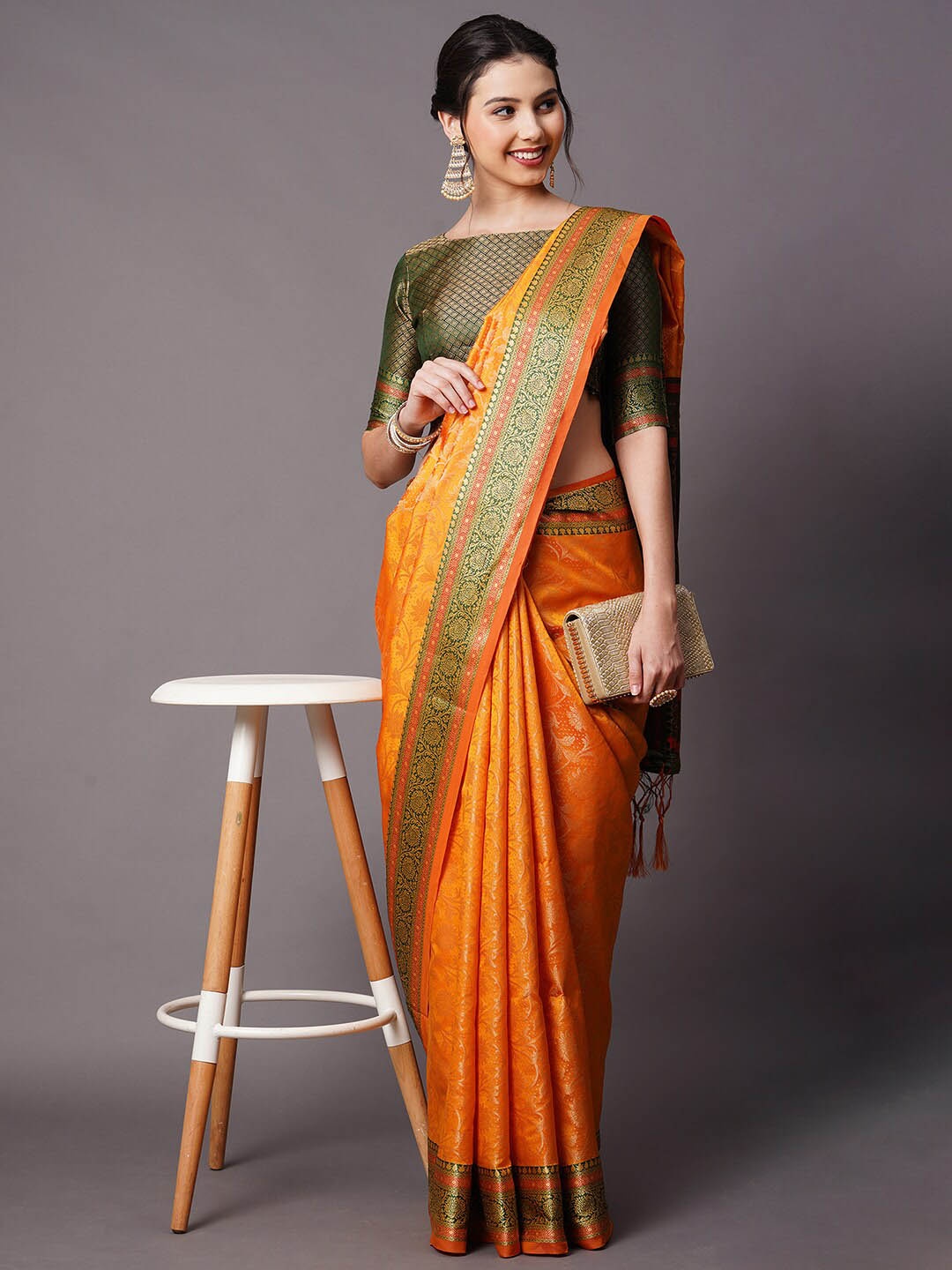 

Mitera Mustard & Green Woven Design Zari Silk Blend Banarasi Saree