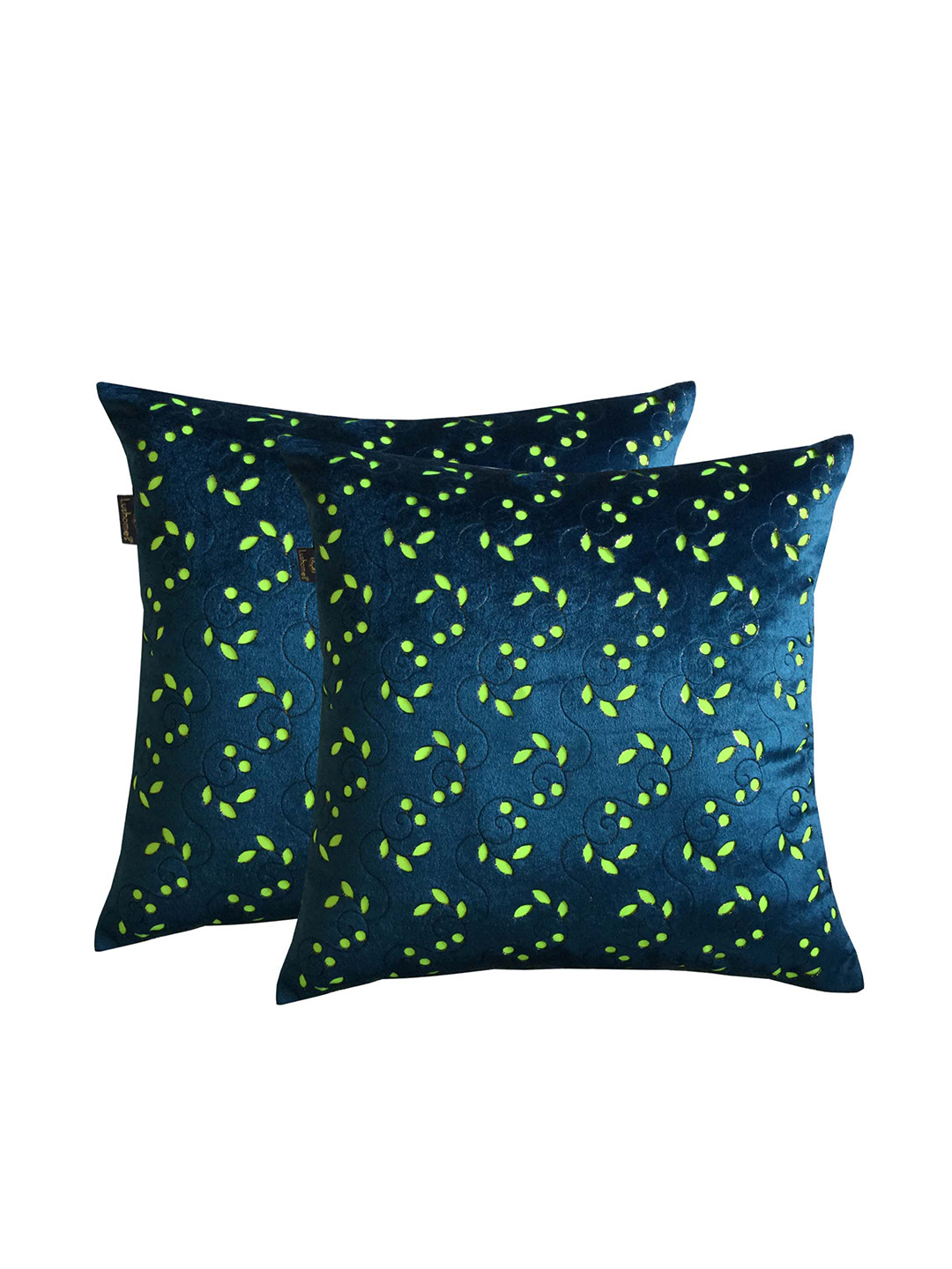 

Lushomes Set Of 2 Blue & Lime Green Velvet Laser Cutting Square Cushion Covers