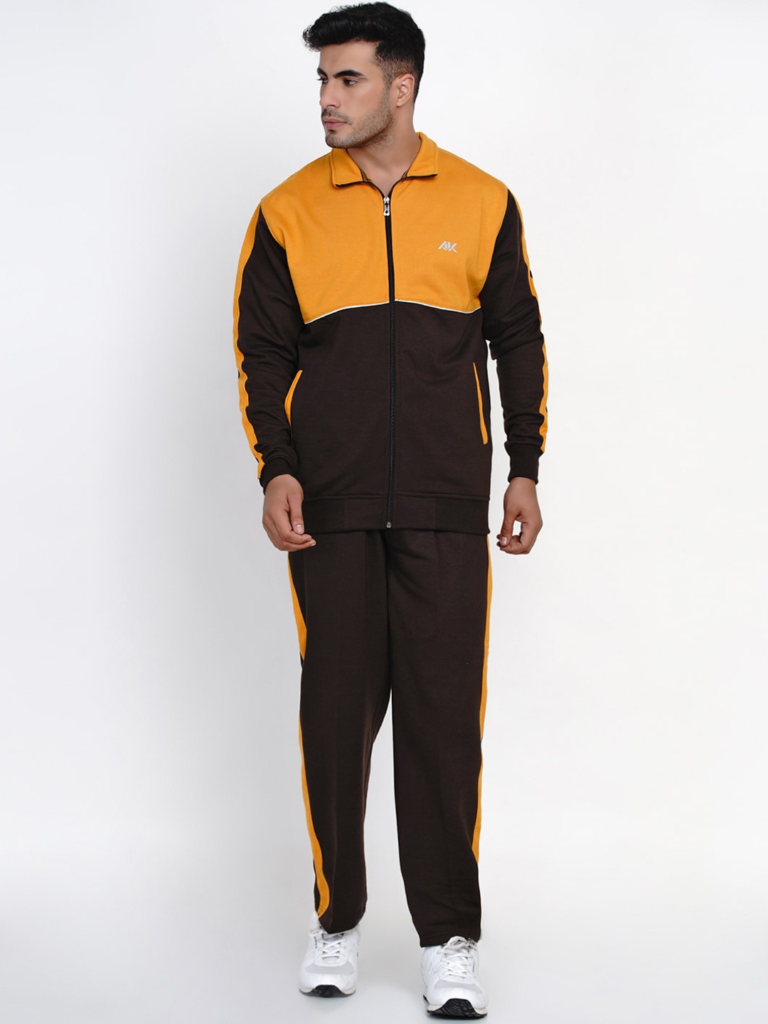 

FABNEST Men Yellow & Brown Colourblocked Cotton Tracksuit