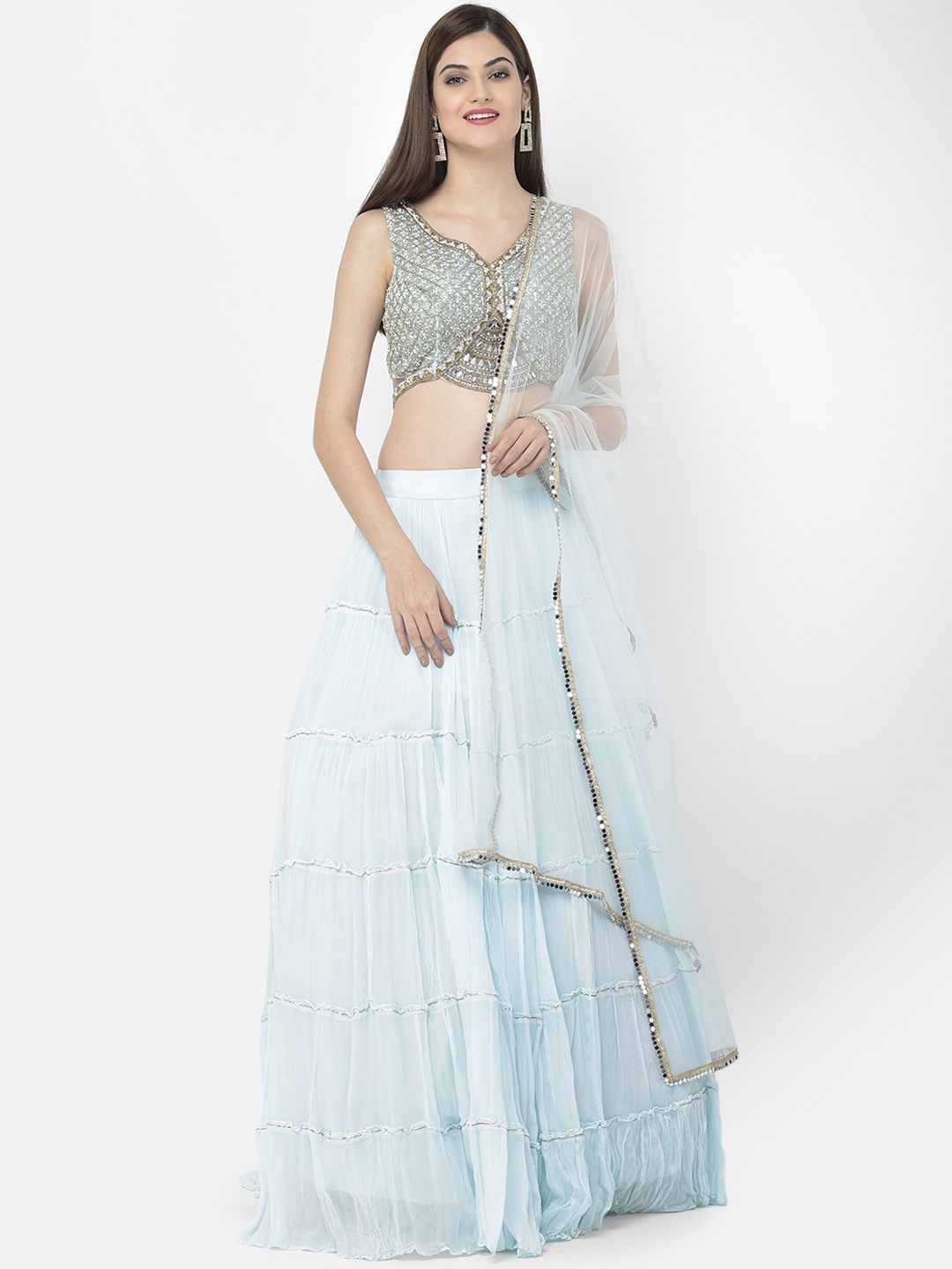 

Neerus Turquoise Blue & Silver-Toned Ready to Wear Lehenga & Blouse With Dupatta