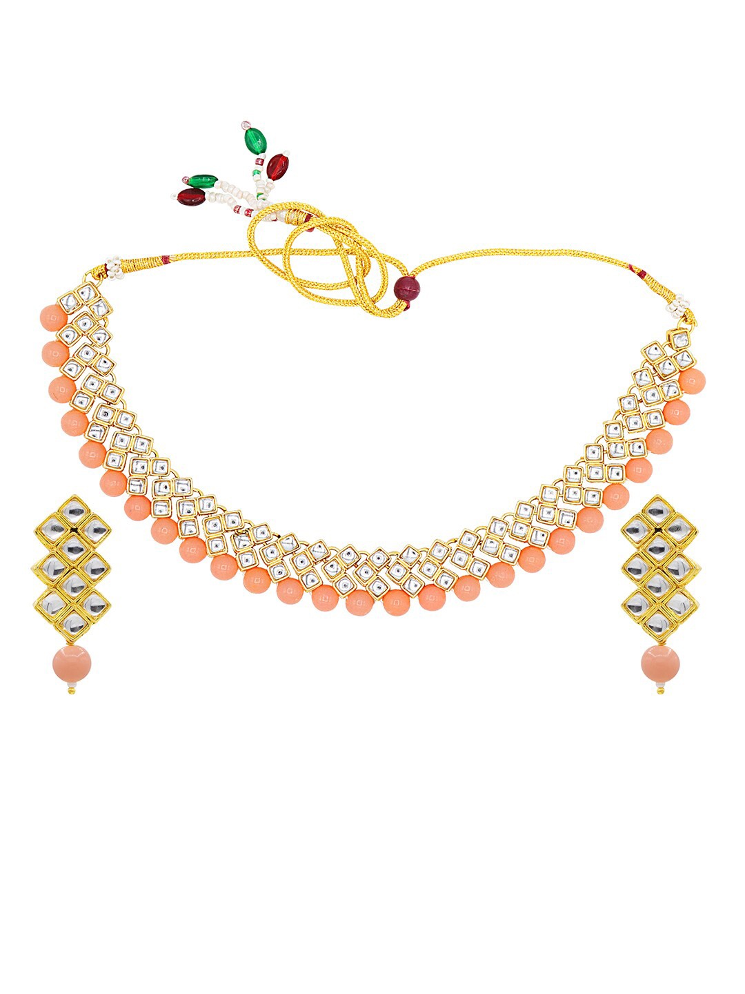 

ASMITTA JEWELLERY White & Peach-Coloured Gold-Plated Kundan & Pearl Jewellery Set