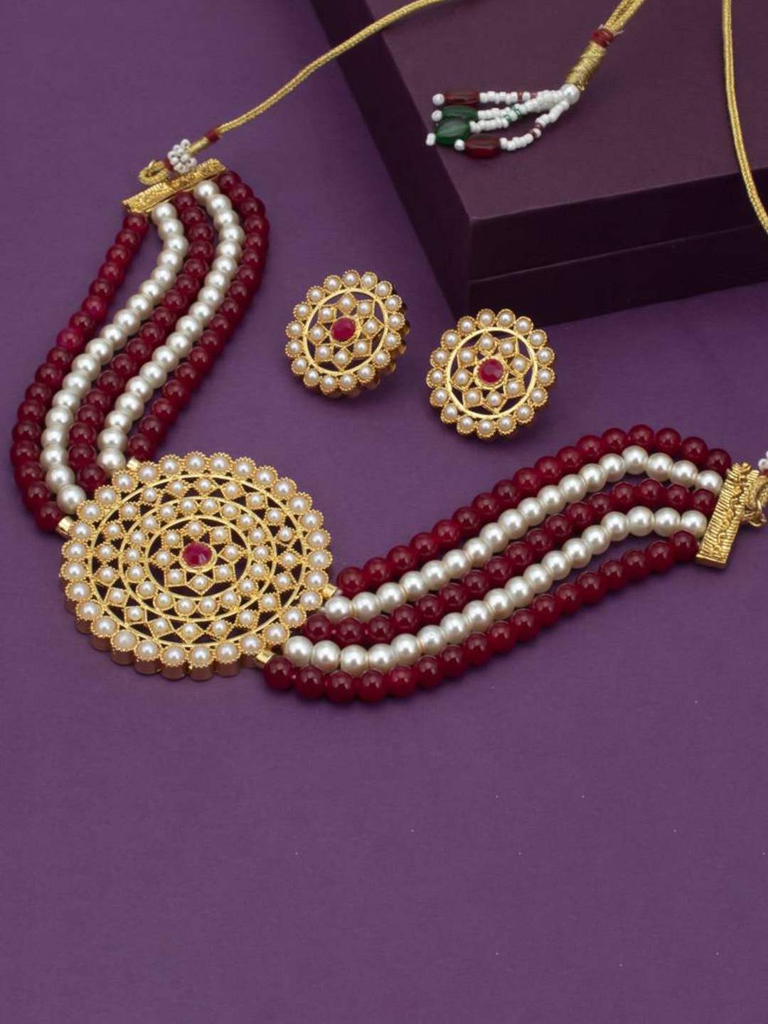 

ASMITTA JEWELLERY White & Maroon Gold-Plated Pearl Jewellery Set