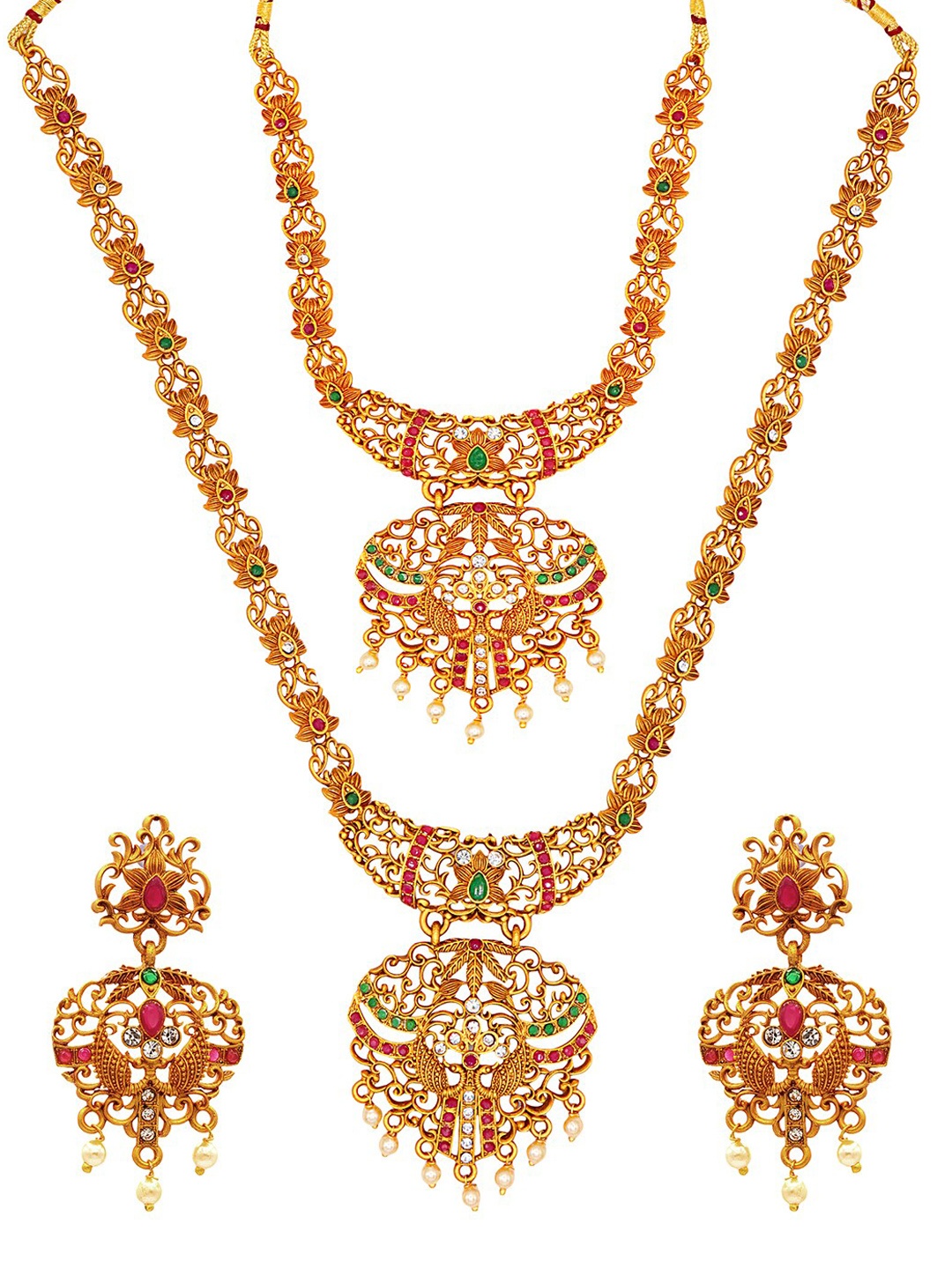 

ASMITTA JEWELLERY Gold-Plated Green & Pink Stone-Studded & Pearl Beaded Jewellery Set
