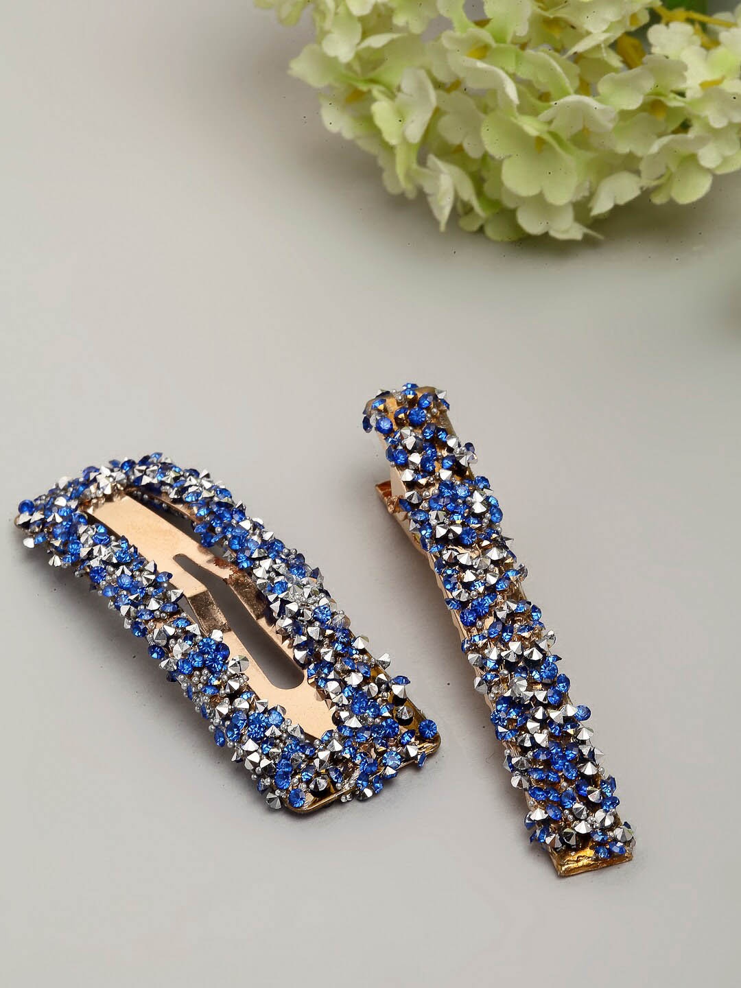 

Ferosh Women Set of 2 Blue & Silver-Toned Embellished Tic Tac Hair Clips