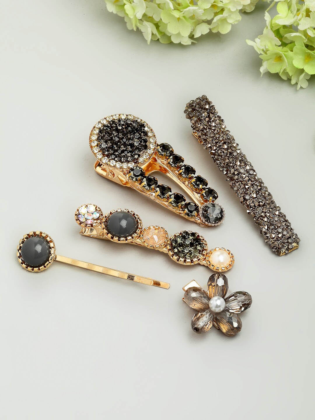 

Ferosh Women Set of 5 Gold-Toned & Black Embellished Hair Accessories