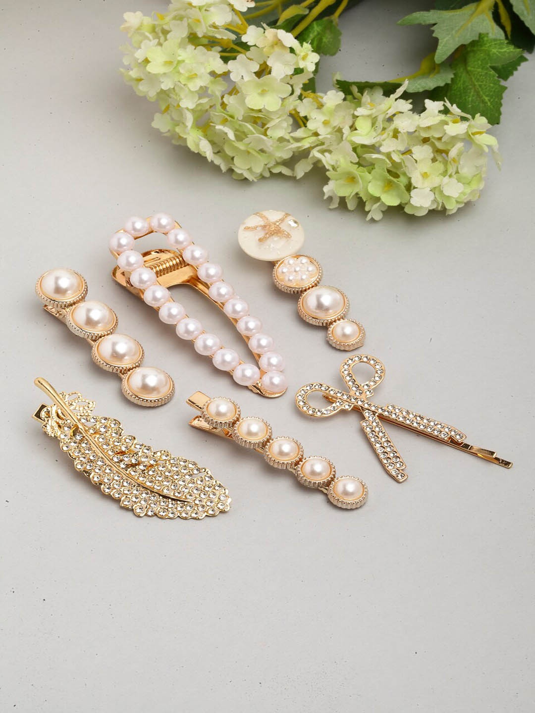 

Ferosh Women Gold-Toned & White Set of 6 Pearl Embellished Hair Accessory Set