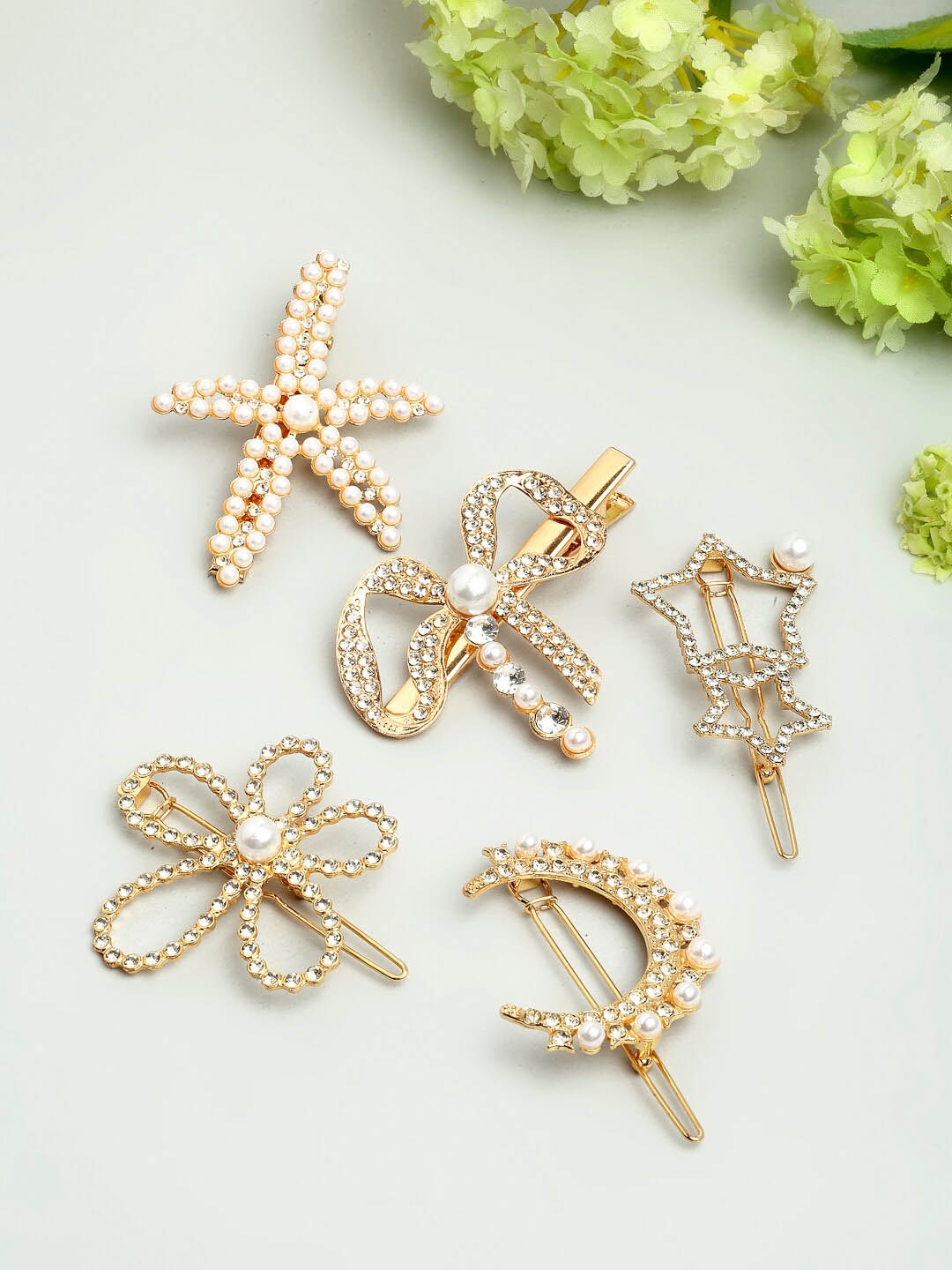 

Ferosh Women Set of 5 Gold-Toned & White Embellished Hair Accessory Set