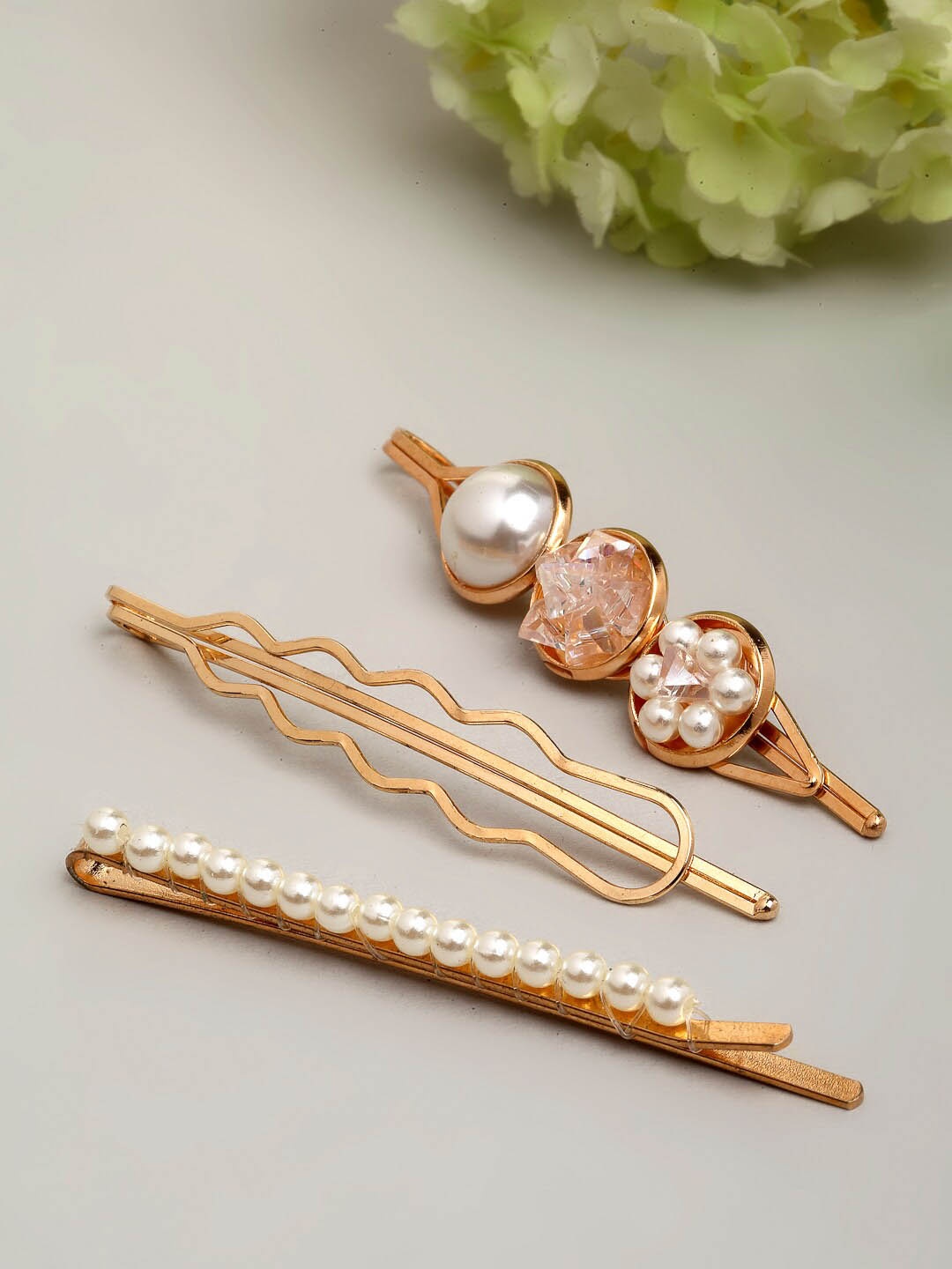 

Ferosh Women Set of 3 Gold Crystal-Pearl Hair Clip Set