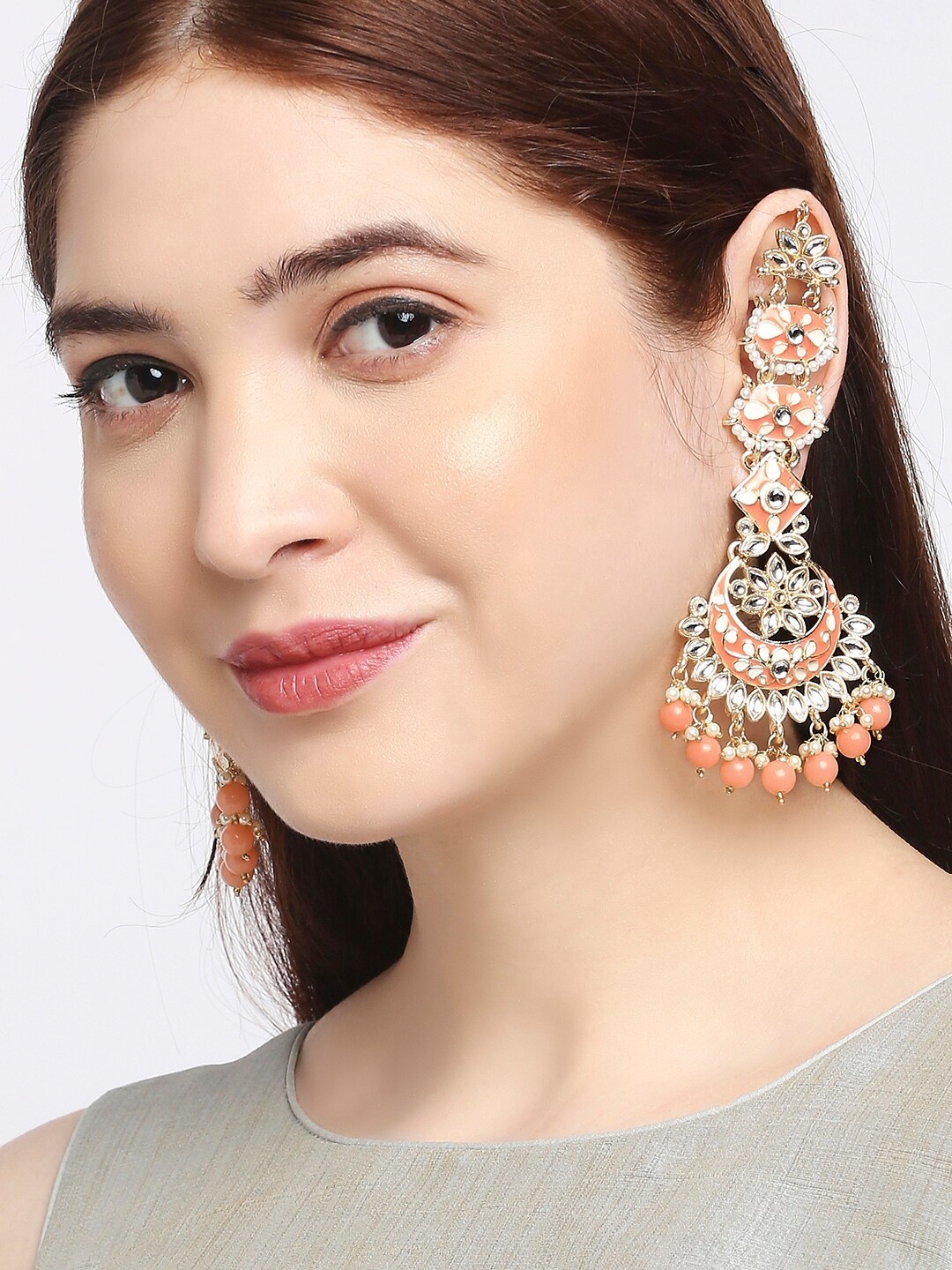 

OOMPH Peach-Coloured & Gold-Toned Crescent Shaped Chandbalis With Matching Ear Chain