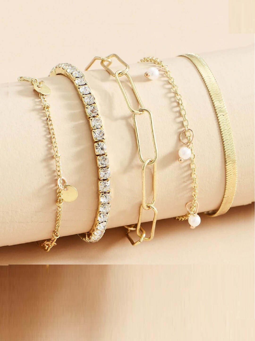 

OOMPH Women Set of 5 Gold-Toned & White Crystals Charm Bracelets