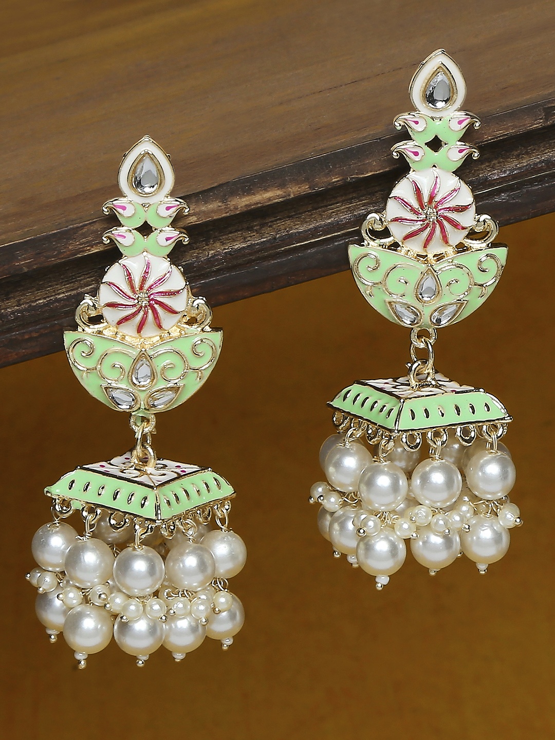 

OOMPH Green Meenakari & Kundan Floral Jhumka Earrings