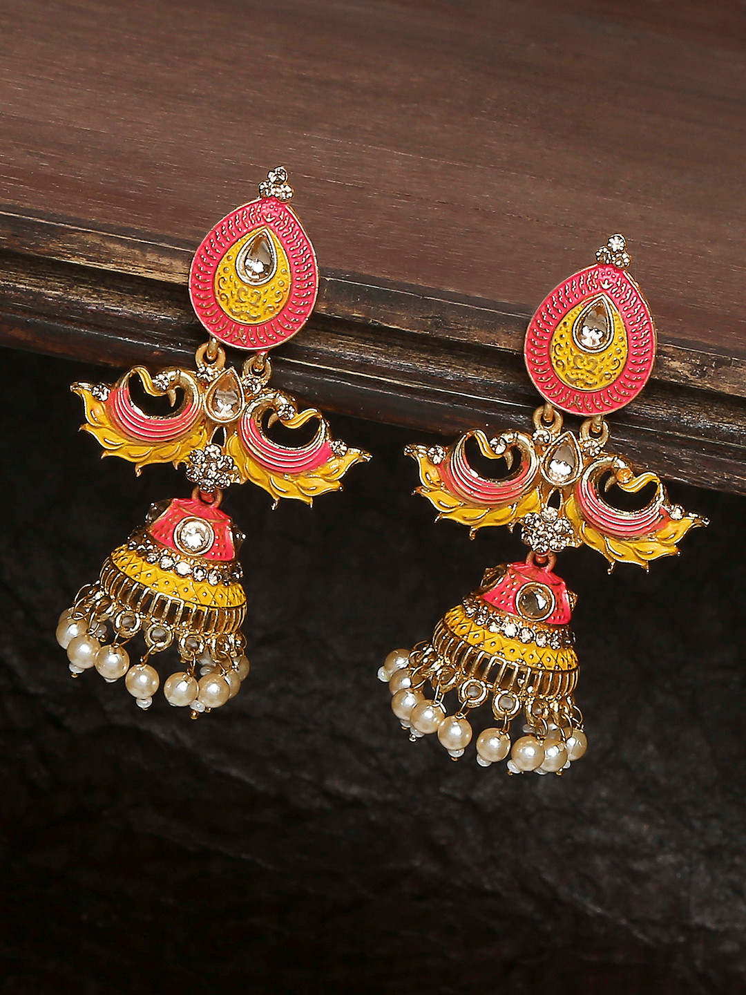 

OOMPH Yellow & Peach Meenakari Peacock Shape Jhumka Earrings