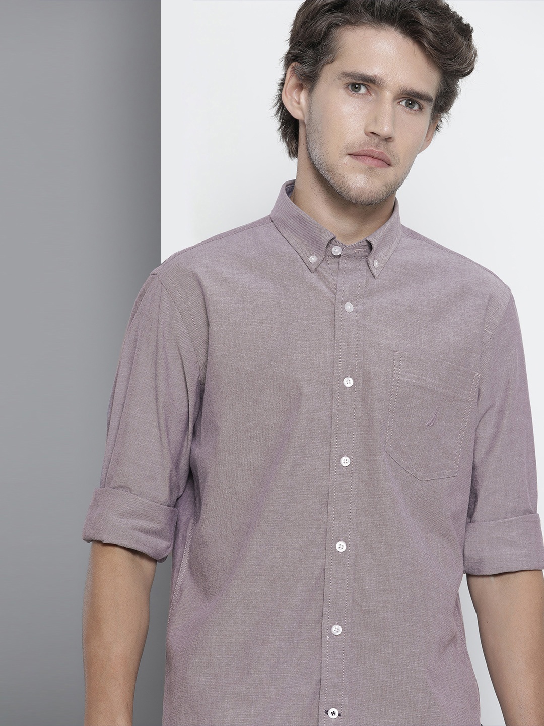 

Nautica Men Purple & White Solid Oxford Knit Classic Fit Casual Shirt