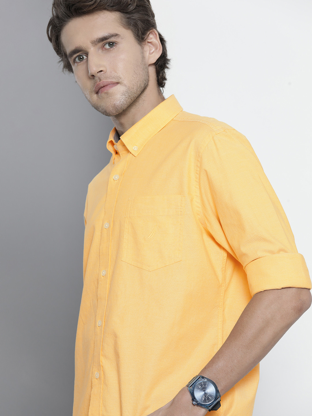 

Nautica Men Yellow & White Solid Oxford Knit Classic Fit Casual Shirt