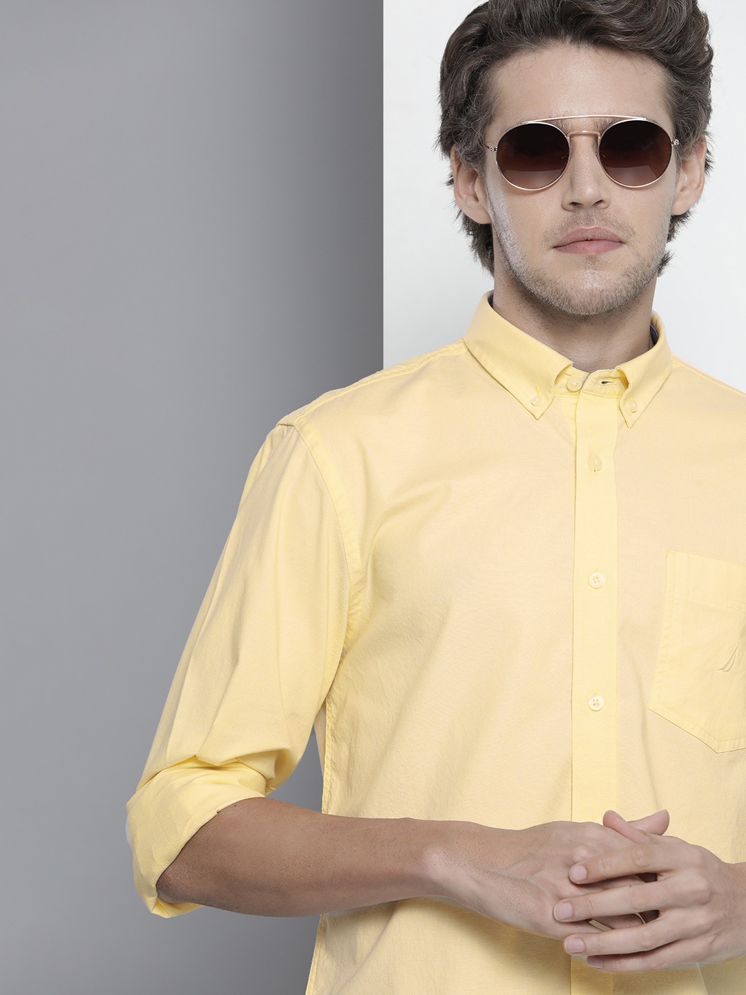 

Nautica Men Yellow & White Solid Oxford Knit Slim Fit Casual Shirt