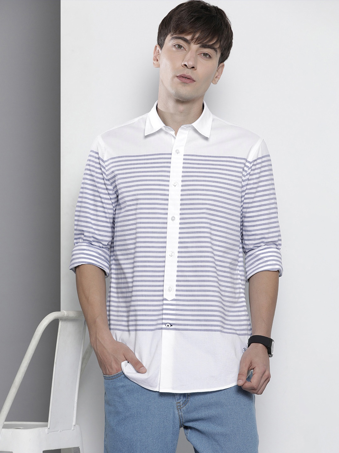

Nautica Men White Classic Fit Horizontal Stripes Casual Shirt