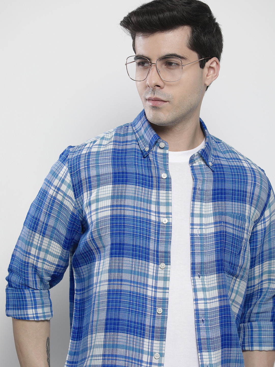

Nautica Men White & Blue Classic Fit Linen Cotton Checked Casual Shirt