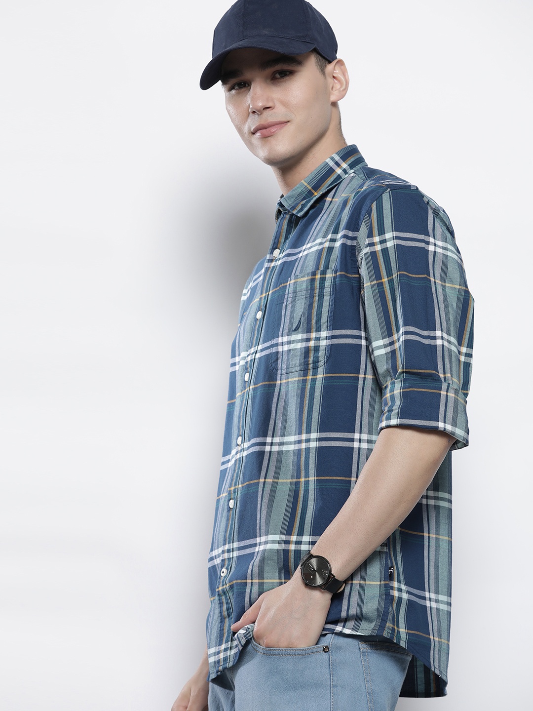 

Nautica Men Navy Blue & White Classic Tartan Checked Casual Shirt