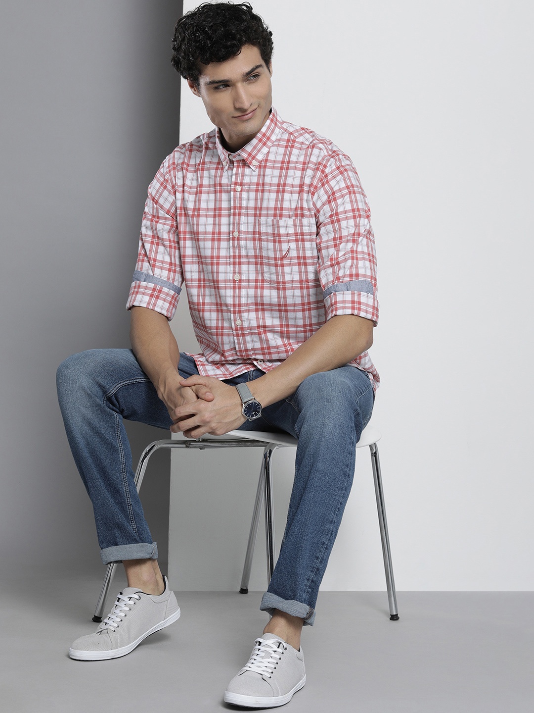 

Nautica Men Classic Tartan Checked Casual Shirt, Red