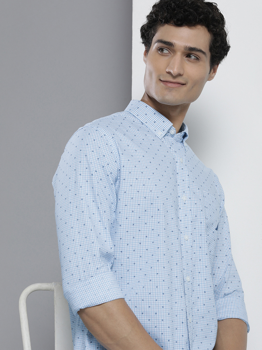 

Nautica Men Pure Cotton Slim Fit Checked Casual Shirt, Blue