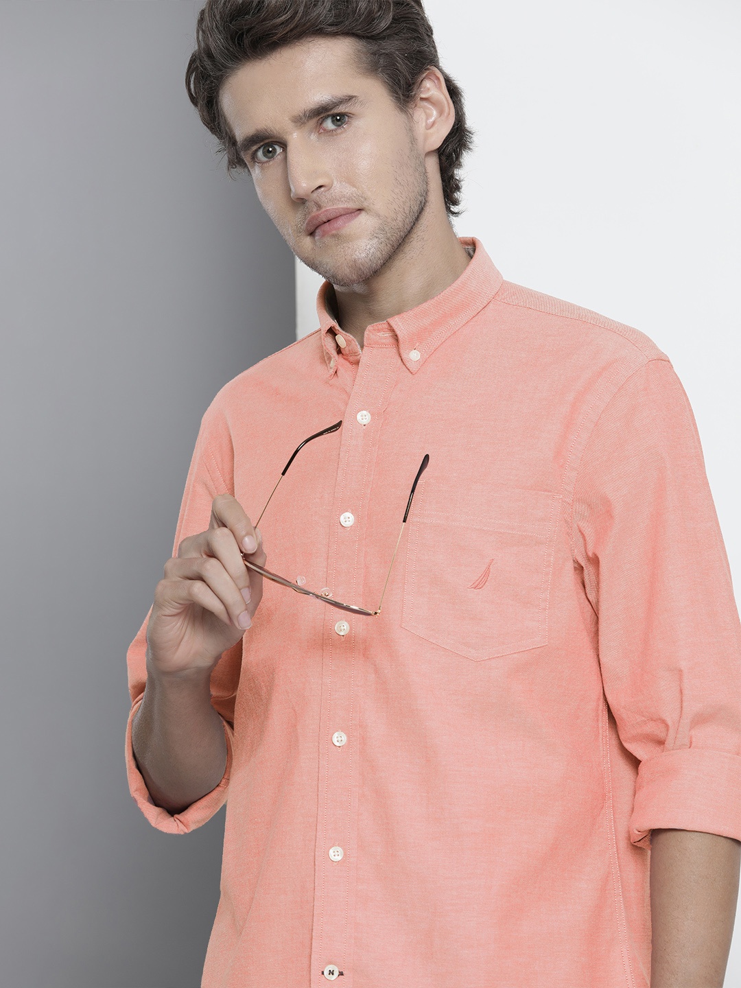 

Nautica Men Red & White Solid Oxford Knit Slim Fit Casual Shirt