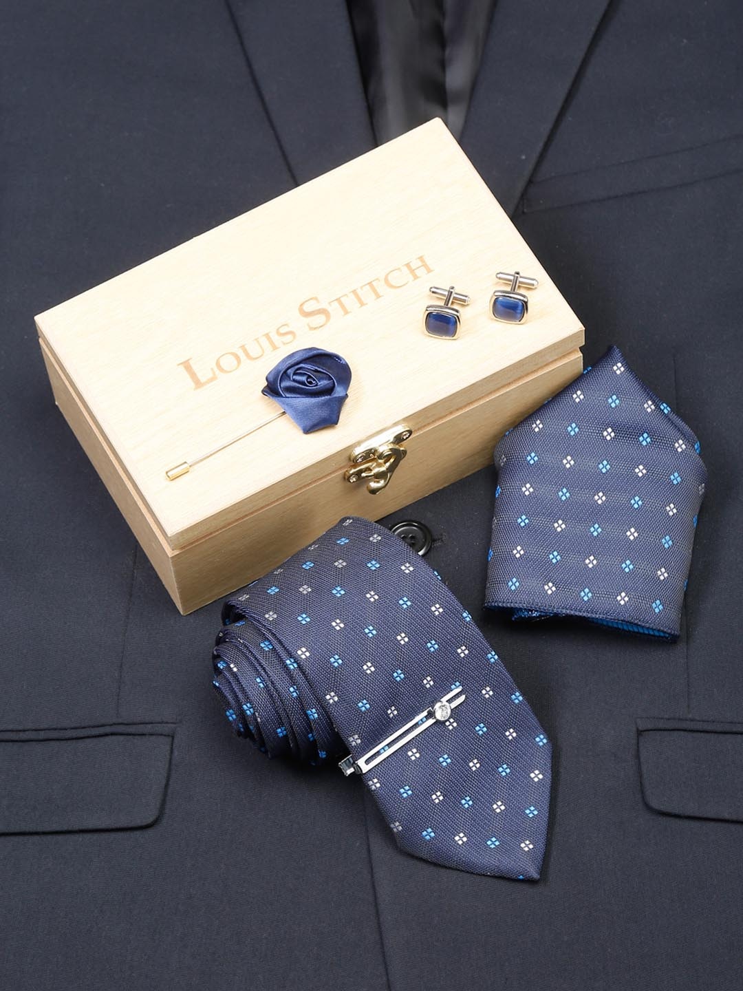 

LOUIS STITCH Men Floral Printed Blue Italian Silk Necktie Accessory Gift Set