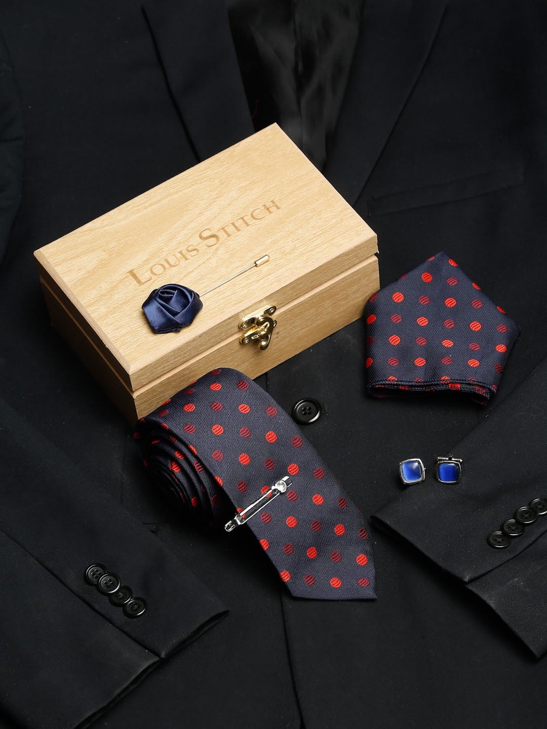 

LOUIS STITCH Men Polka Blue Italian Silk Necktie Accessory Gift Set