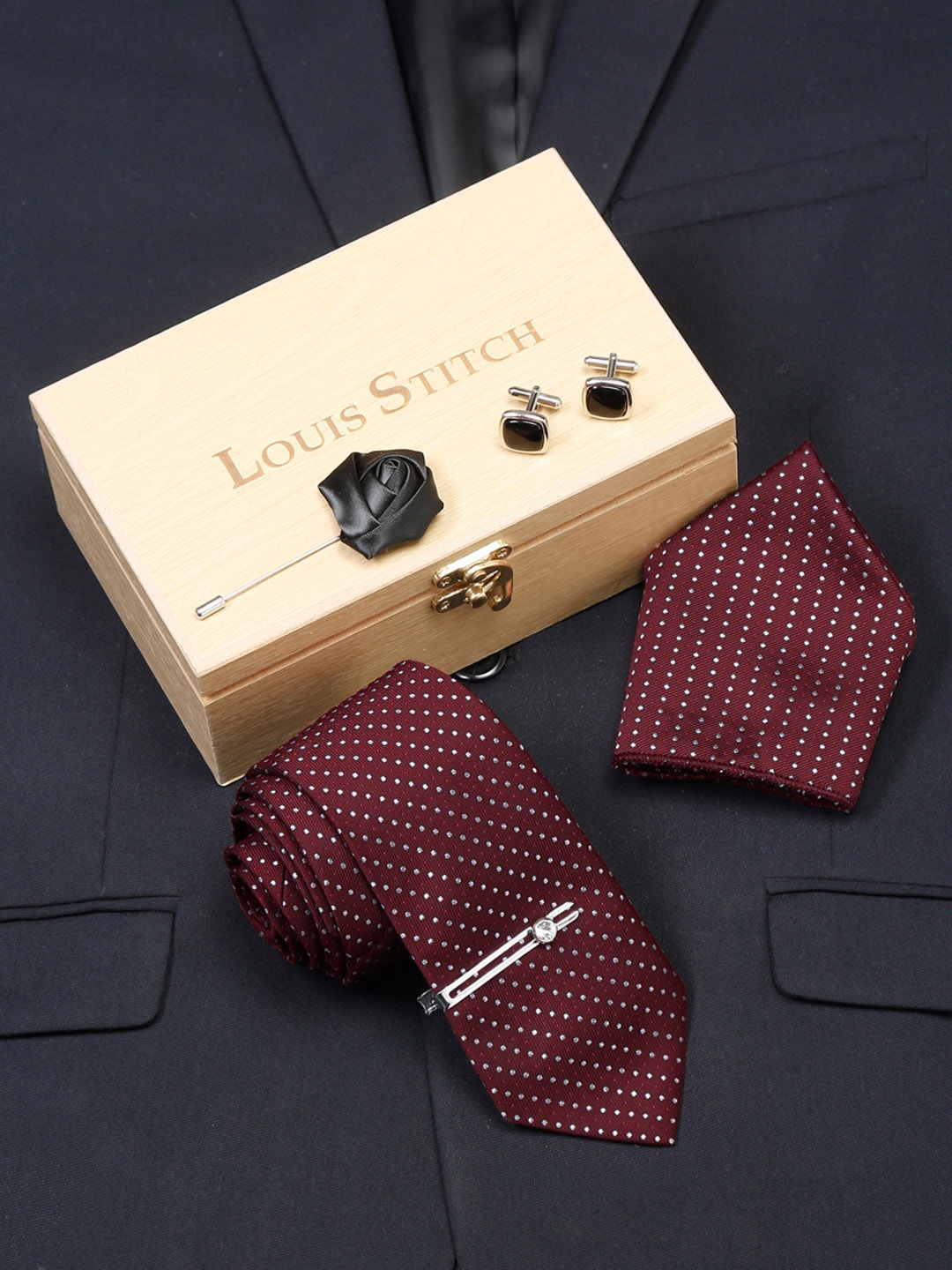 

LOUIS STITCH Men Polka Italian Silk Necktie Accessory Gift Set, Red