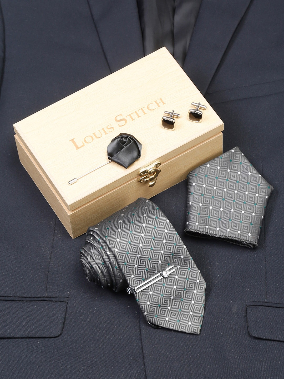 

LOUIS STITCH Men Silk Necktie Accessory Gift Set, Grey